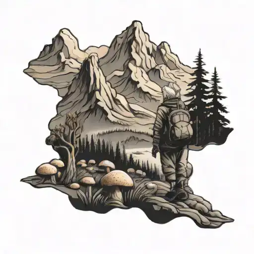 Mountain Range With An Old Lady Gathering Mushrooms Walking Away To It