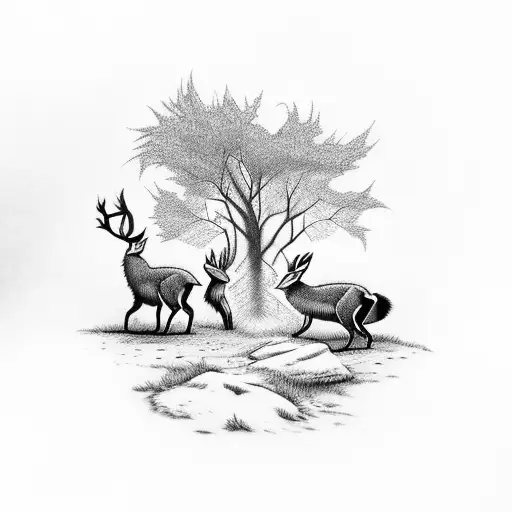 Deer And Fox Meeting In The Woods