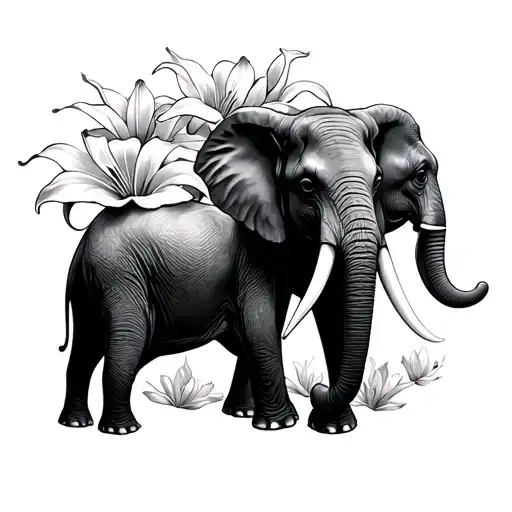Line Work With Lilies And Elephants For Four People