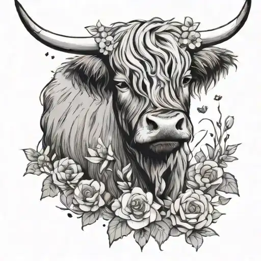 Highland Cow With Book Outline With Flowers