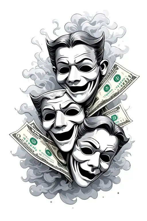 Comedy Amd Tragedy Masks With 100 Dollar Bills And Smoke N Clouds To Fill Background