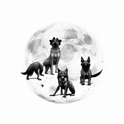 A Pack Of Dogs Howling At The Moon In A Mystical Forest Setting