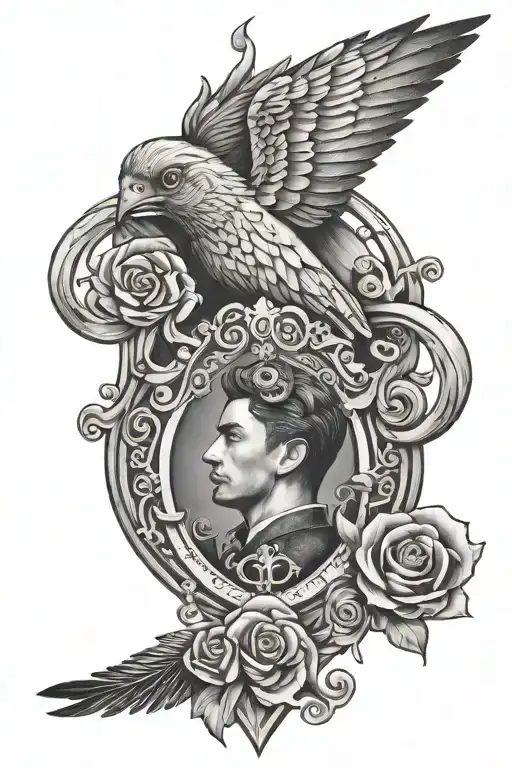 Portrait And Bird Flying With Heart Shaped Lock