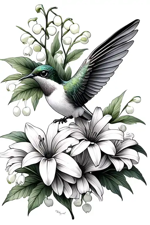 Hummingbird With Daises And Lily Of The Valley Flowers
