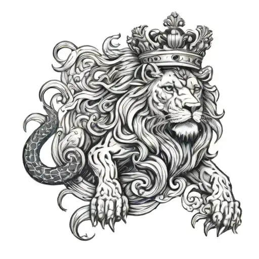 Lion Wearing A Crown Stomping On A Serpent