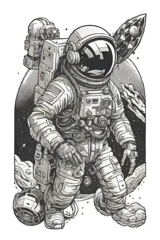 A Black And Grey Portrait Of A Rockstar Astronaut Exploring A Distant Planet