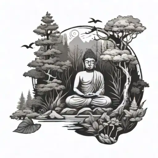 A Serene Forest Scene With A Buddha Statue Surrounded By Hiking Trails And Symbols Of Nature