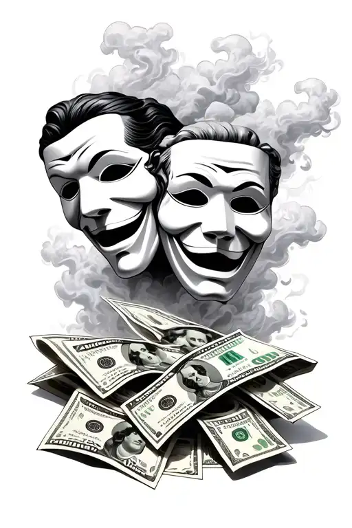 Comedy Amd Tragedy Masks With 100 Dollar Bills And Smoke N Clouds To Fill Background