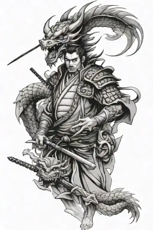 Samurai And Dragon On The Front Of The Shin