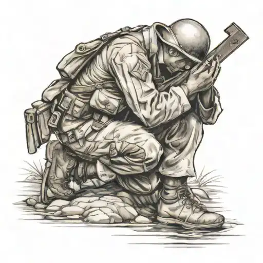 A Soldier Kneeling In Prayer By A Creek With A Cross In The Background