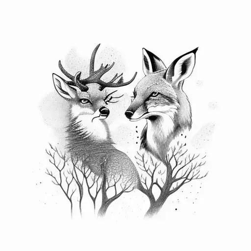 Deer And Fox Meeting In The Woods