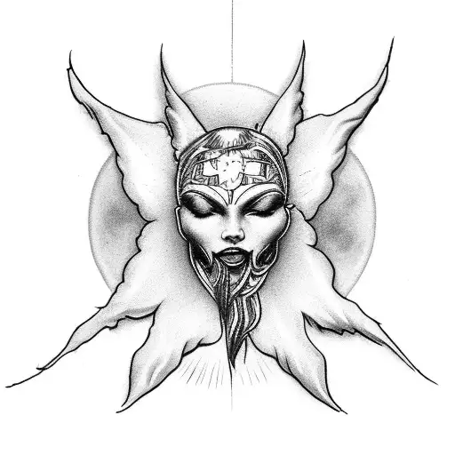 Create A Bdsm-themed Tattoo Featuring A Sun And Angel Design With Intricate Black-grey Shading