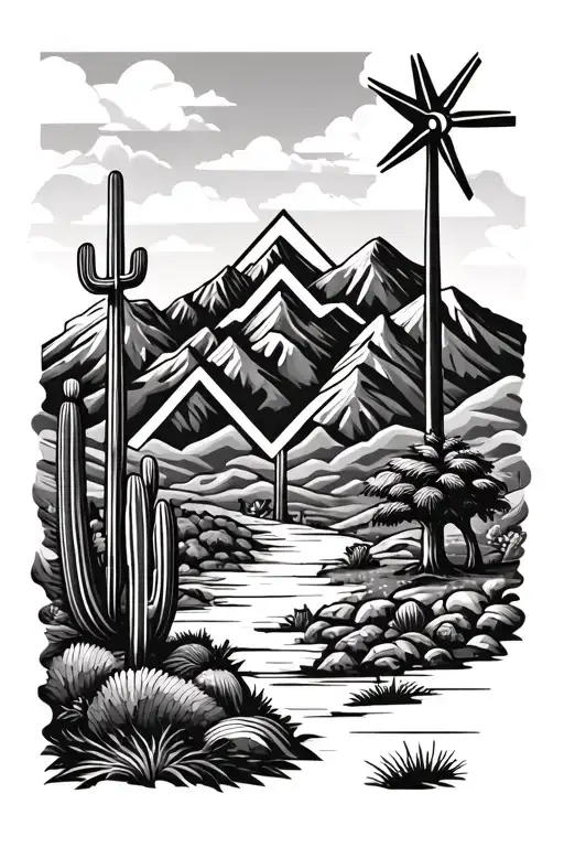 Palm Springs Mountains And 3 Triangles And Cactus And Seqouia Tree And Windmills