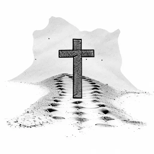 Abstract Trail Running Path With Footprints Leading Towards A Cross