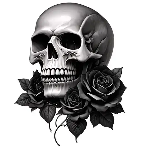 3D Wicked Skull With Black Roses Intertwined