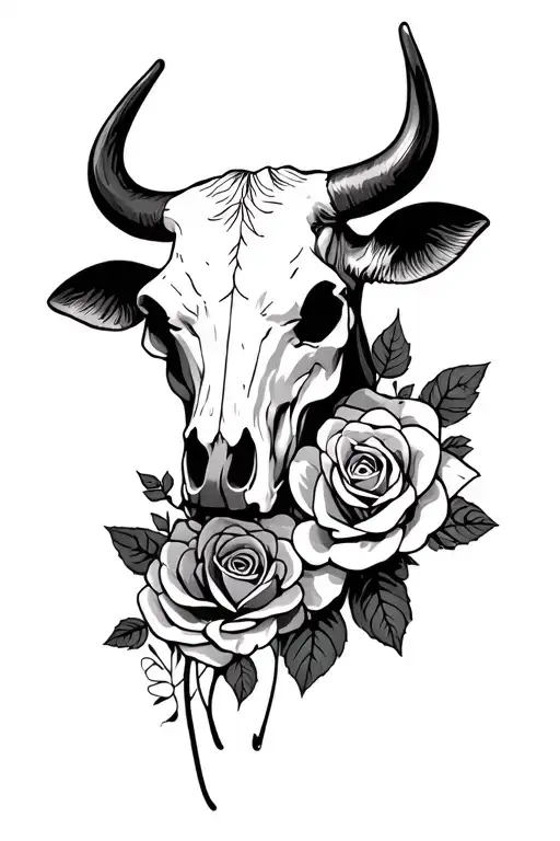 Bull And Cow Skull With Roses