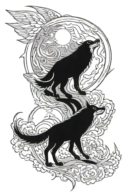 Wolf Falcon Moon Merging Together