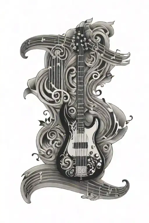 Bass Guitar Surrounded With Music Notes