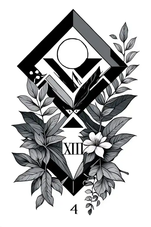 Geometric Style Tattoo Featuring Nature Symbols And 24 In Roman Numerals
