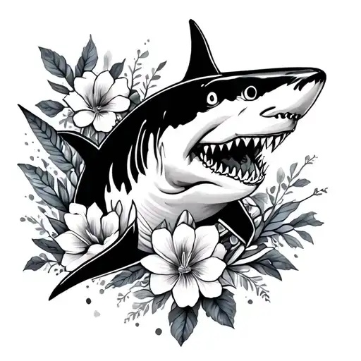 Shark Tattoo No Face With Floral Patterns Fine Line