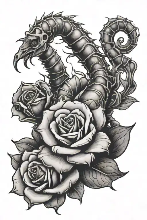 Scorpion Based Tattoo With A Faceless Woman With Curly Hair And The Letter E In A Rose