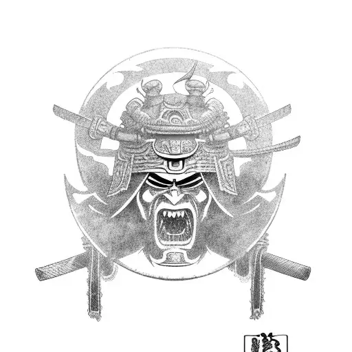 Back Piece Depicting A Samurai With An Oni Mask Slaying His Enemies With His Khopesh In Hell