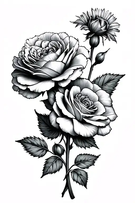 2 Carnation With A Rose And Aster