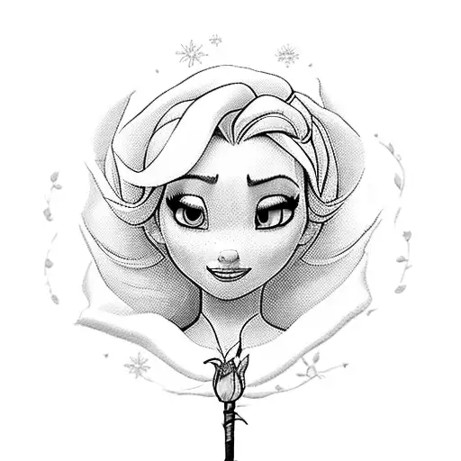 A Black And Grey Portrait Of Elsa With A Red Rose In Her Hand