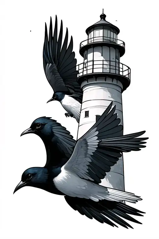 Lighthouse And Tui Bird Flying