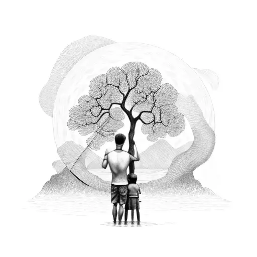Father And Son Fishing Under Tree Of Life