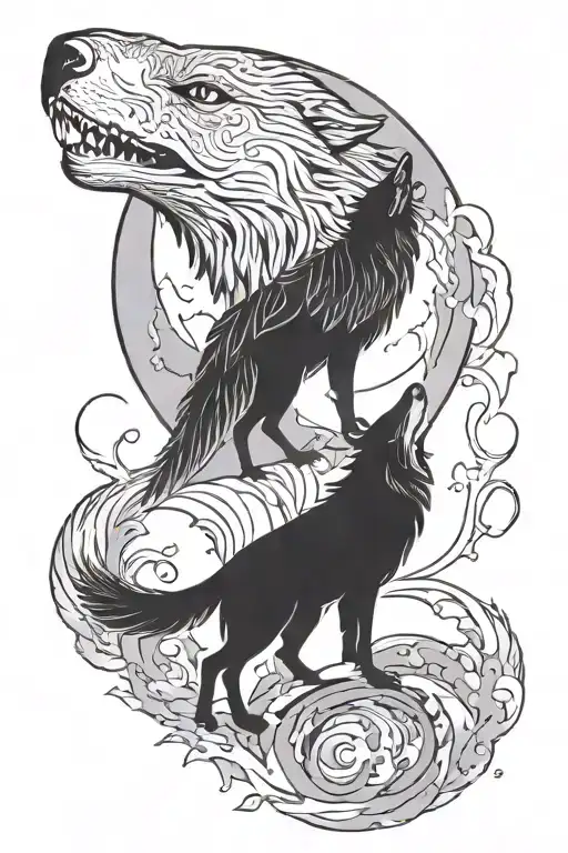 Wolf Falcon Moon Merging Together