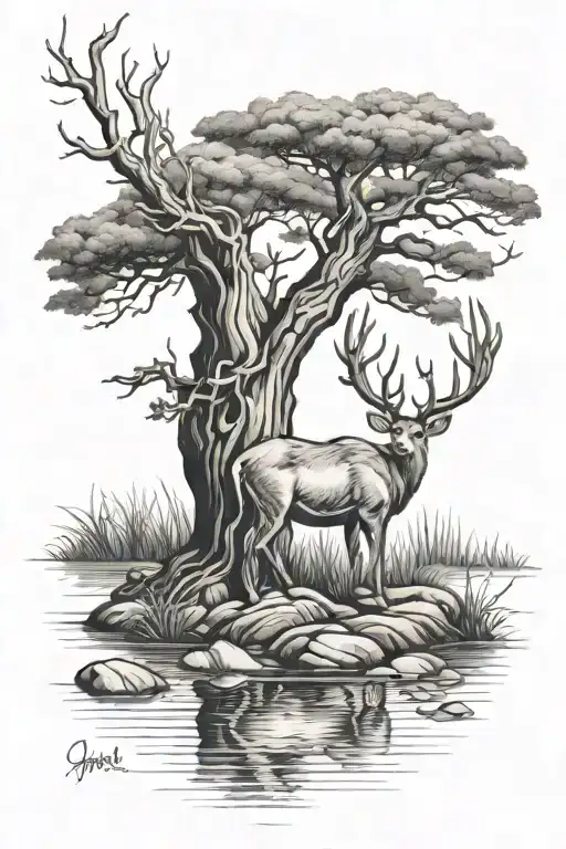 Tree No Leaves Buck Standing By Pond