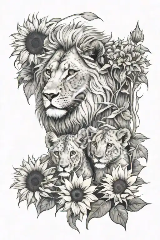 Lion Cub And Lioness Surrounded By Colored Sunflowers