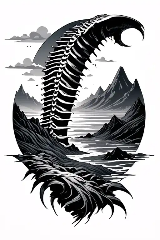 Linear Spine Tattoo That Incorporates Ocean Desert And Mountains