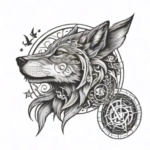 A Celestial Wolf Howling At The Moon Surrounded By Symbols Of Peace And Tranquility
