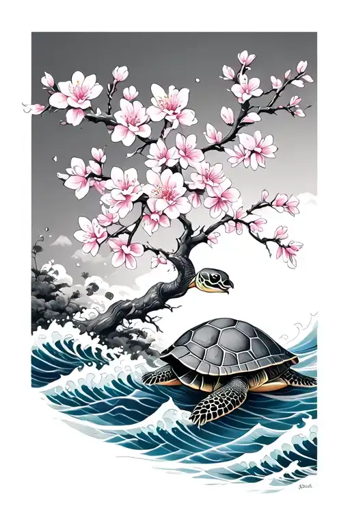 Japanese Cherry Blossom With Turtle And Waves