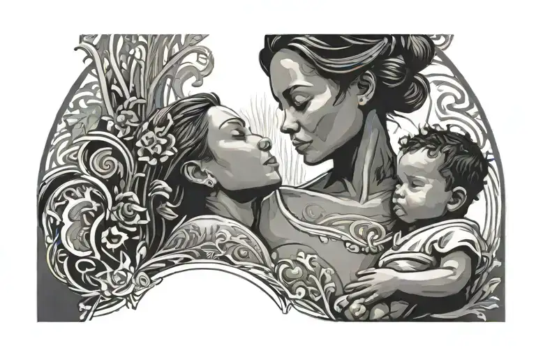 A Tattoo Of A Silhouette Of A Mother Ans Child With Interior Decorating Elements