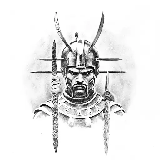 Spartan Warrior With Eleven Spears Next To Him Tattoo Sketch