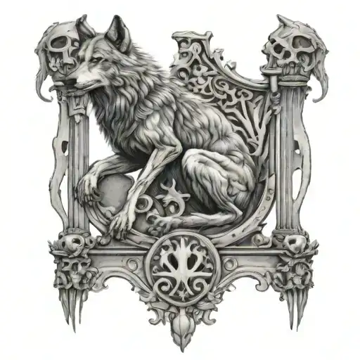 Wolf Sitting On Its Hind Legs On A Throne Made Out Of Human Bones