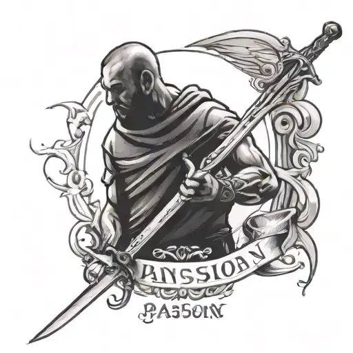 Design A Black And Grey Portrait Of A Father Holding A Sword With A Banner That Says 'Passion'