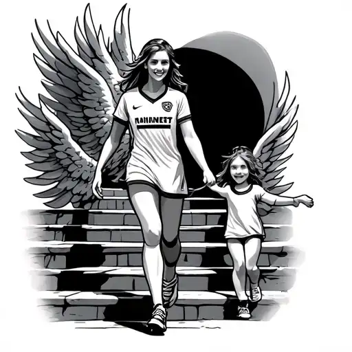 Lady Wearing Sport Direct Uniform Walking Up The Stairs Of Heaven Holding A Little Girls Hand
