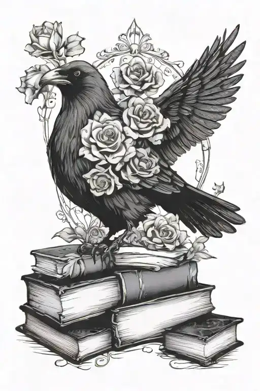 Gothic Vones And Flowers Surrounding A Raven Standing On Books