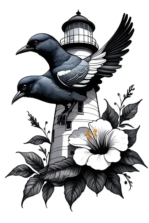 Lighthouse And Tui Bird With Hibiscus Flower