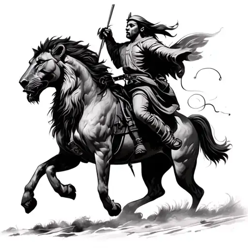 A Hourse Riding By A Worrior And Killing A Lion