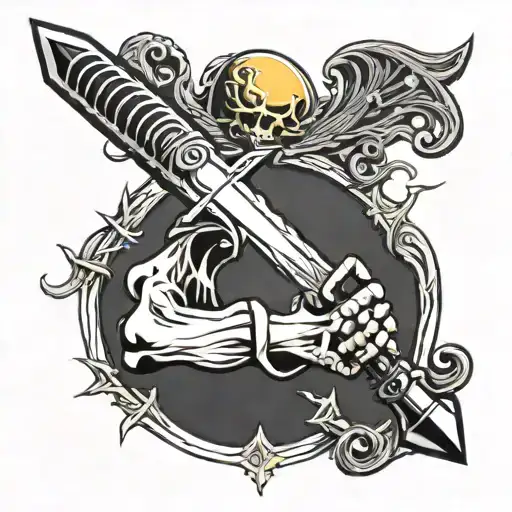 A Skeletal Hand Holding A Sword And Lines Symbolizing The Sun On Top Of The Sword