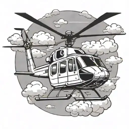 Very Simple Tatoo Fine Line Style Of A Helicopter With Some Light Clouds Near Or Around It