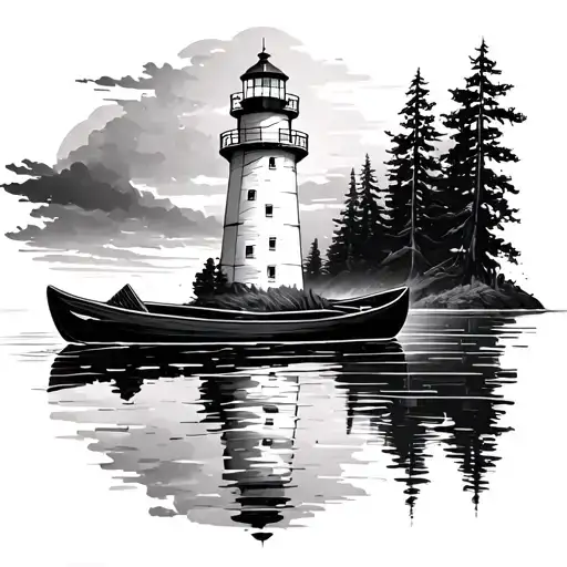 Lighthouse And Rowboat Drifting Towards