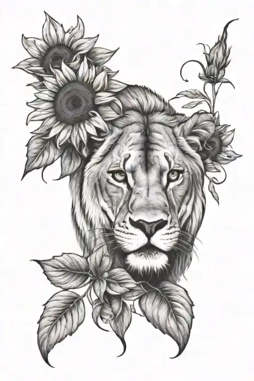 Lioness With Sunflower Blooming