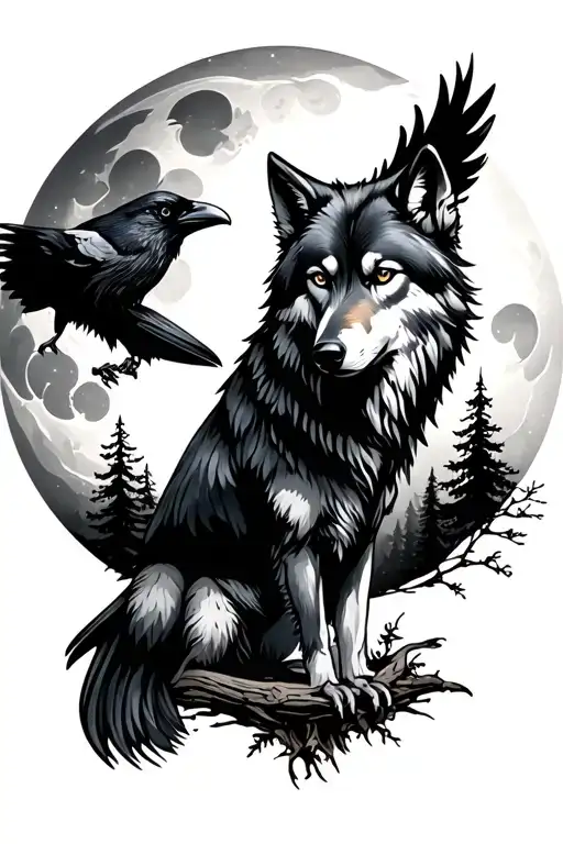 Wolf And Raven With Moon And Trees Background Looking