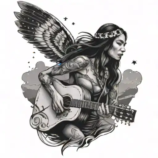 A Mountain Landscape With A Native American Woman Playing A Guitar Under A Starry Sky